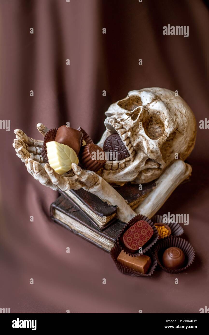 Eine Totenkopfstatue enthält eine Vielzahl von feinen belgischen Pralinen, die das Konzept des Todes durch Schokolade oder Nachsicht zeigen Stockfoto