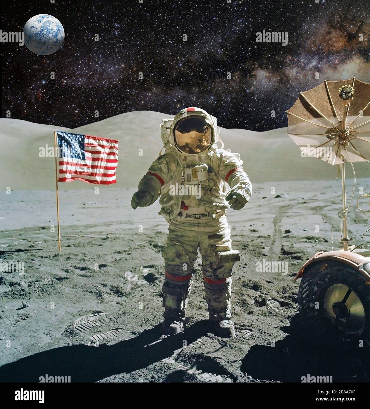 Astronaut auf der Landungsmission für Mond (Mond). Elemente dieses Bildes, das von der NASA eingerichtet wurde. Stockfoto