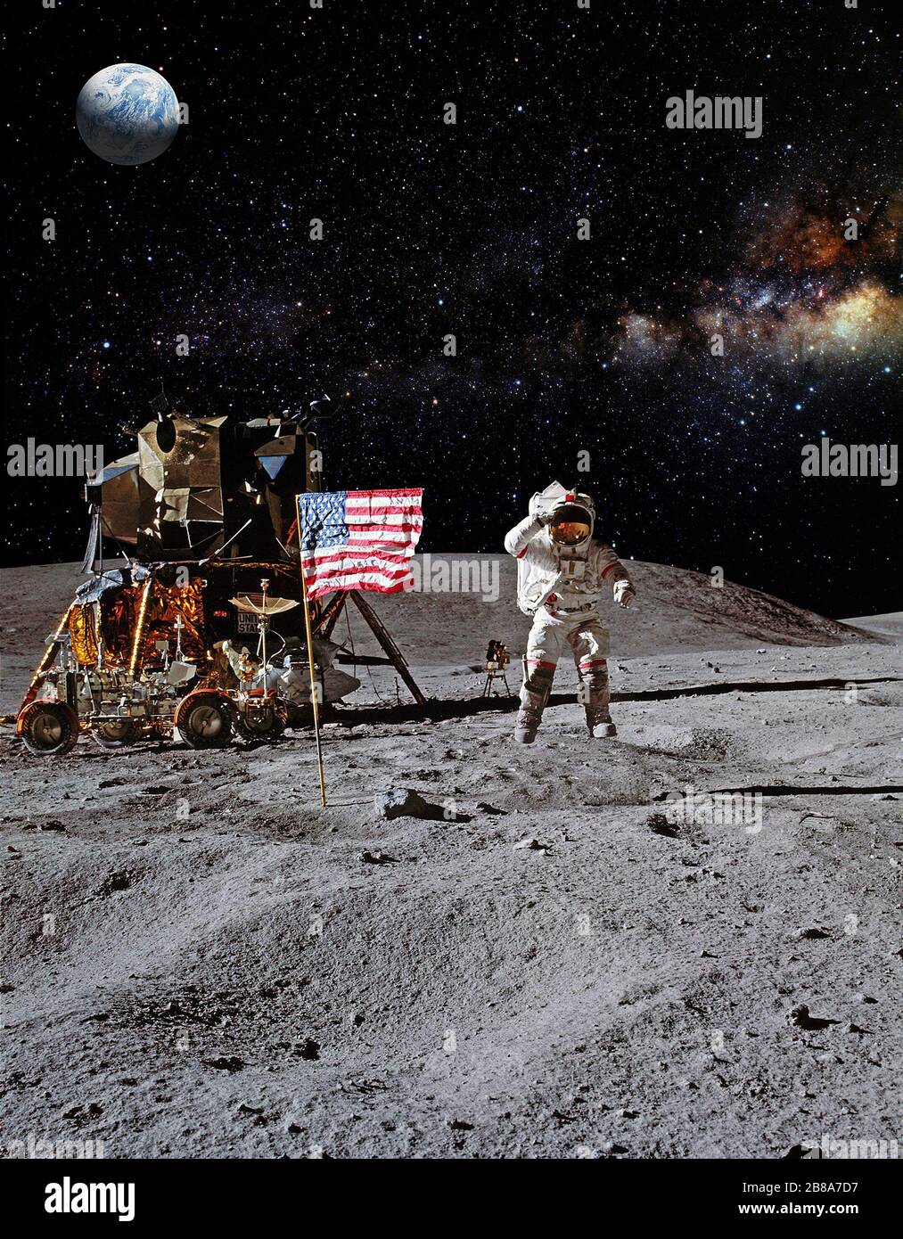 Astronaut auf der Landungsmission für Mond (Mond). Elemente dieses Bildes, das von der NASA eingerichtet wurde. Stockfoto