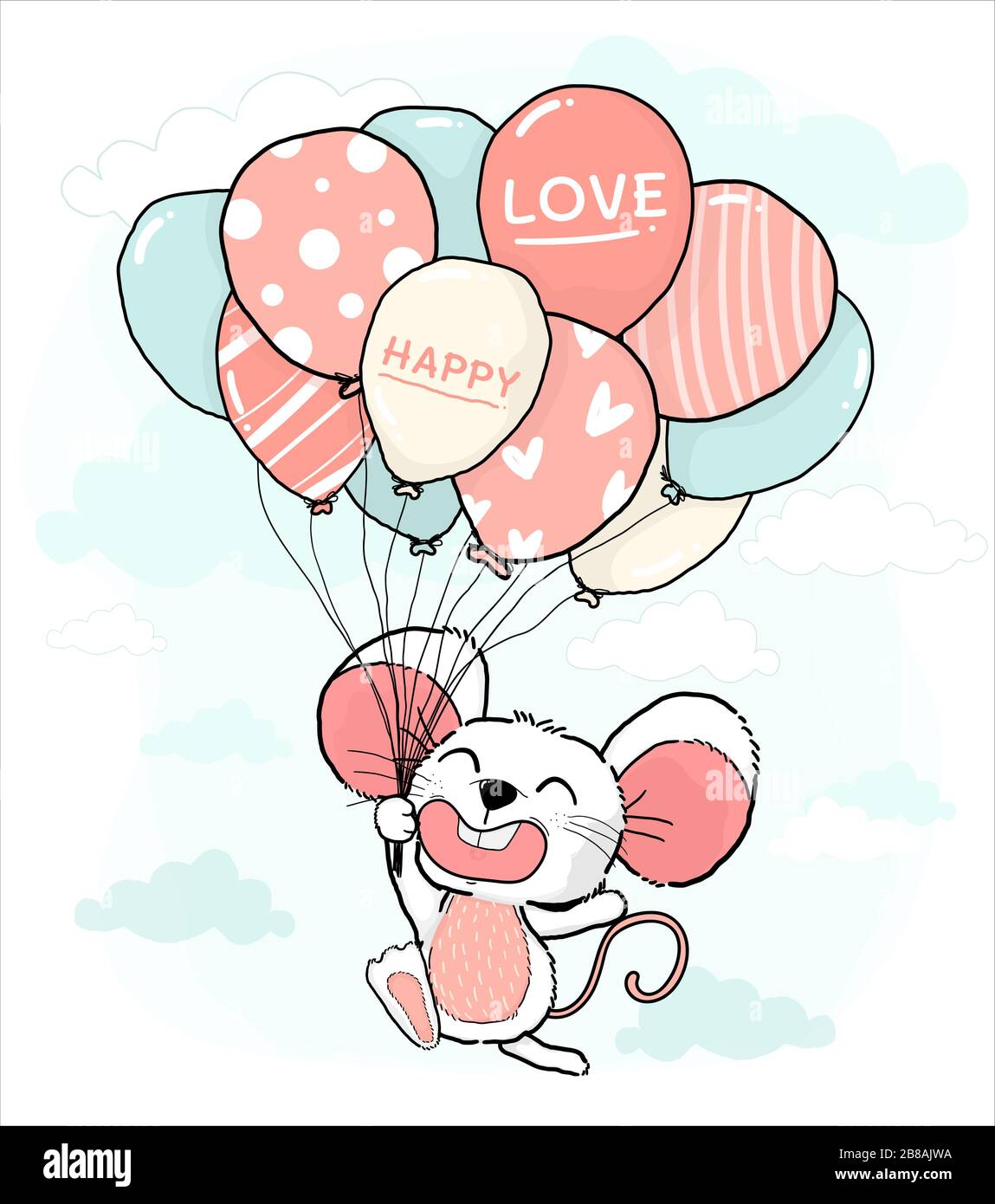 Fröhliches Lächeln niedliche kleine Mäuse, die den Brunch von Pastellballons am blauen Himmel halten, Umriss Zeichnung Charakter Tierfigur Cartoon, Idee für Grußkarte, Stock Vektor