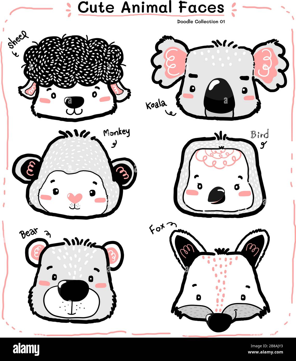 Niedliches Wildtiergesicht, Baumschulkindzeichnung, Schaf, Koala, Affe, Teddy, Bär, Fuchs Stock Vektor