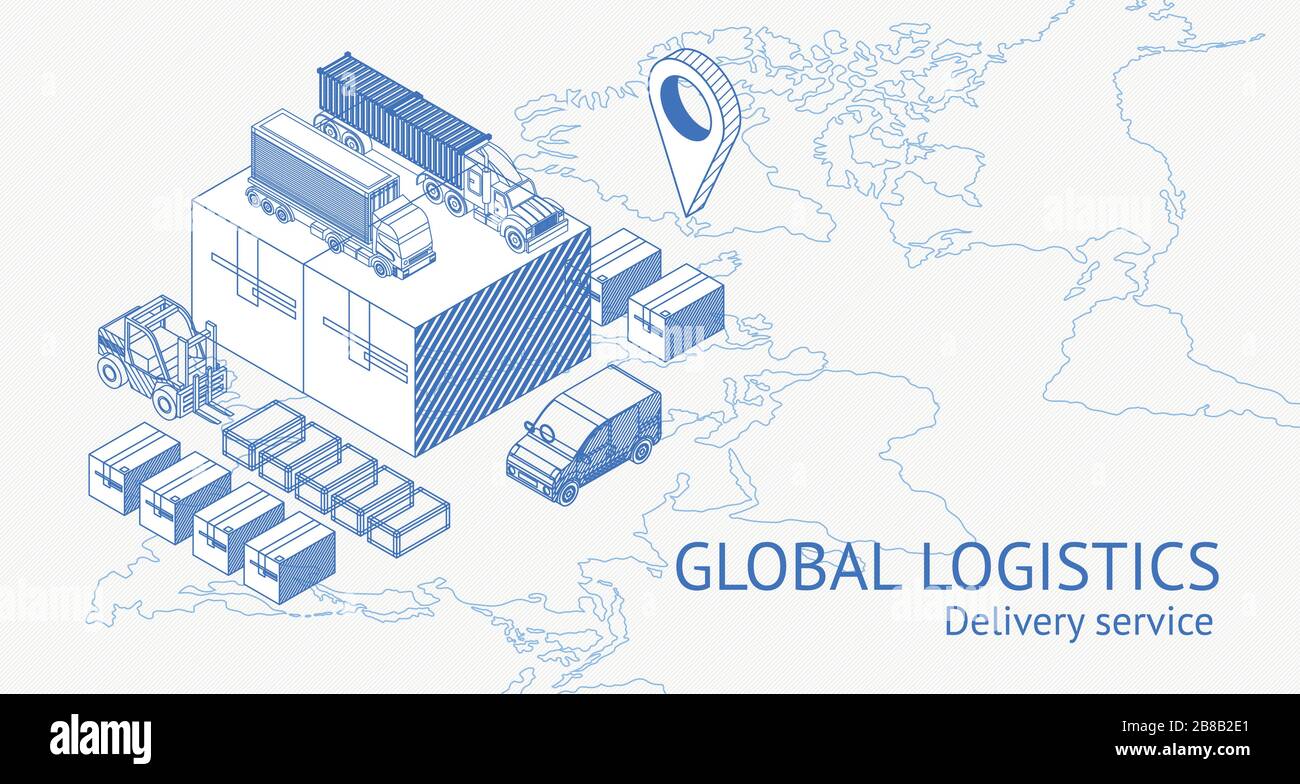 Vektordesign im Blueprint-Stil des globalen Logistik- und Lieferservice mit Karte und LKW Stock Vektor