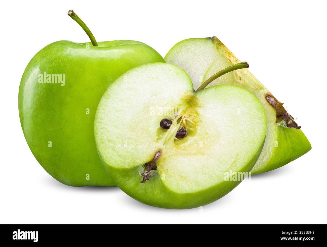 Grüner apfel und Slice isoliert auf weißem, apple Clipping-Pfad Stockfoto