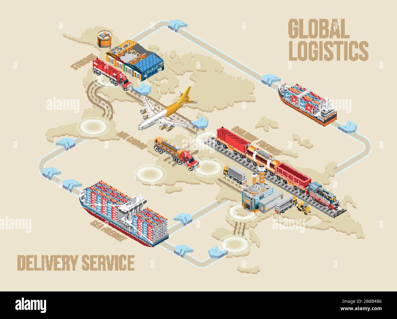 Grafische Struktur der Verbindungen zwischen verschiedenen Gütertransporten des globalen Logistik- und Lieferservice auf Weltkarte Stock Vektor