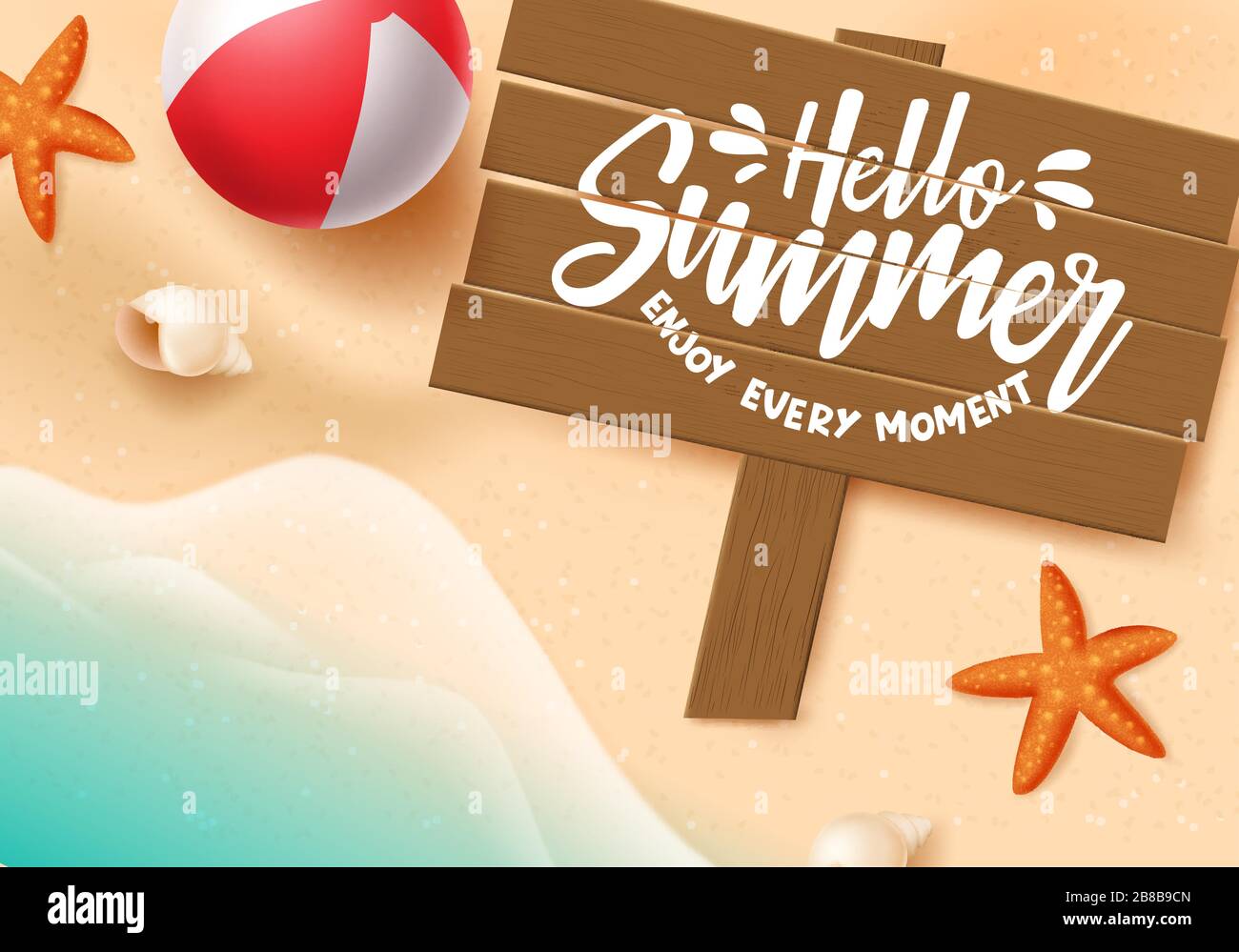 Hallo Summer Vector Banner. Hello Summer Typografie im Holzraum für Text mit Strandelementen wie Strandball, Seesterne und Meeresschalen am Strand. Stock Vektor