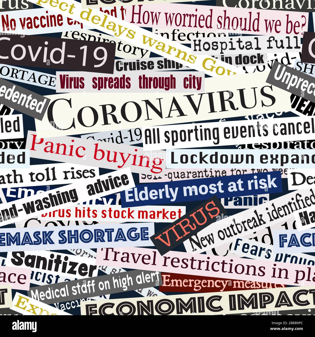 Nahtlose, durch Kacheln bearbeitbare Vektornachrichten Schlagzeilen über den Ausbruch des Coronavirus Stock Vektor