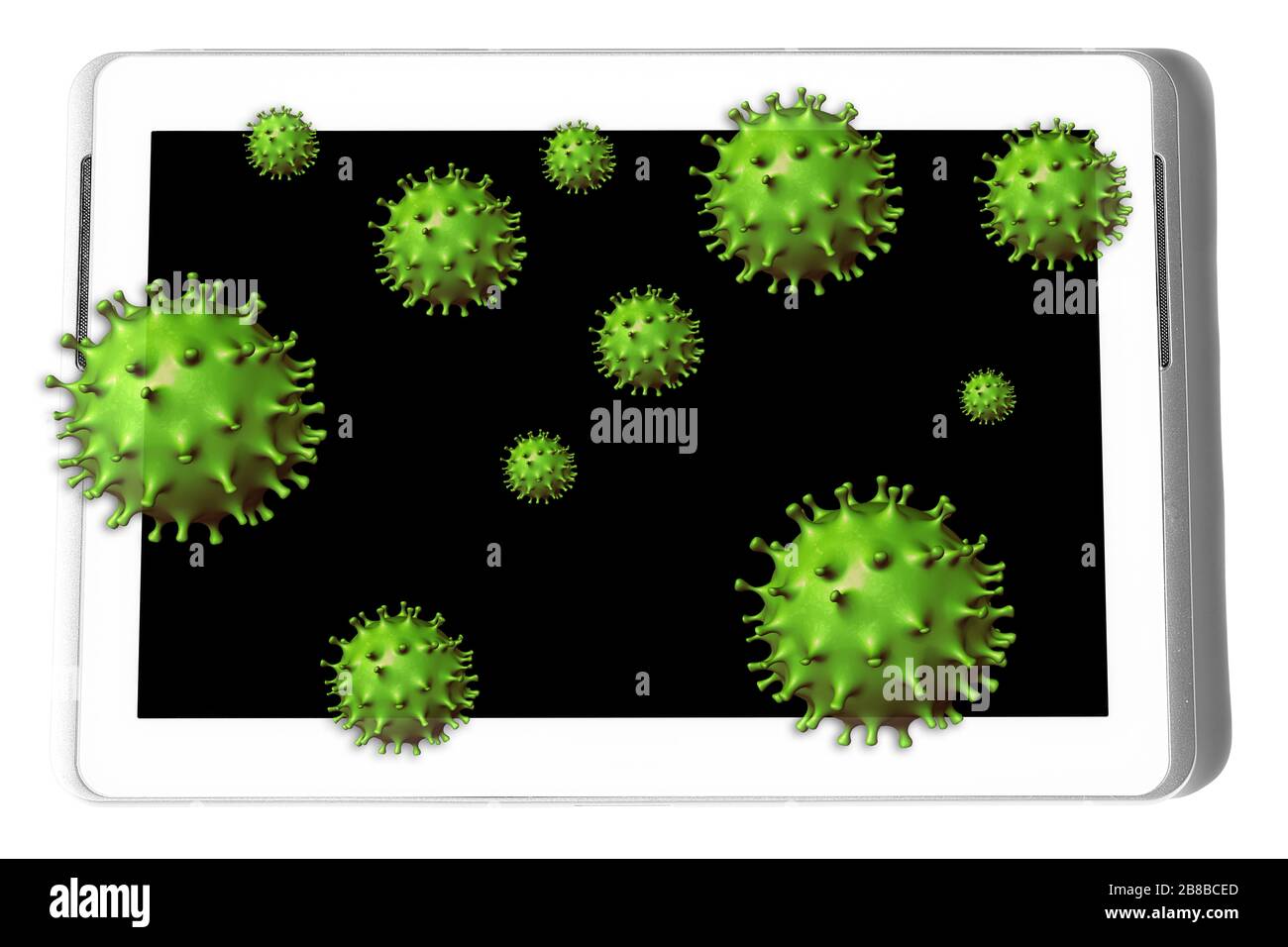 Coronavirus oder Covid-19 setzt sich auf Oberflächen von Gegenständen, die wir berühren, wie zum Beispiel Tabletten. Intelligentes Arbeitskonzept während der Quarantäne 2019-nCoV oder Covid 19-NCP. Stockfoto