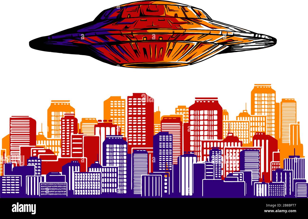 Alien-Invasion. UFO zerstört den Stadtvektor. Superhelden schützt die Stadt. Silhouette der Stadt. Stock Vektor