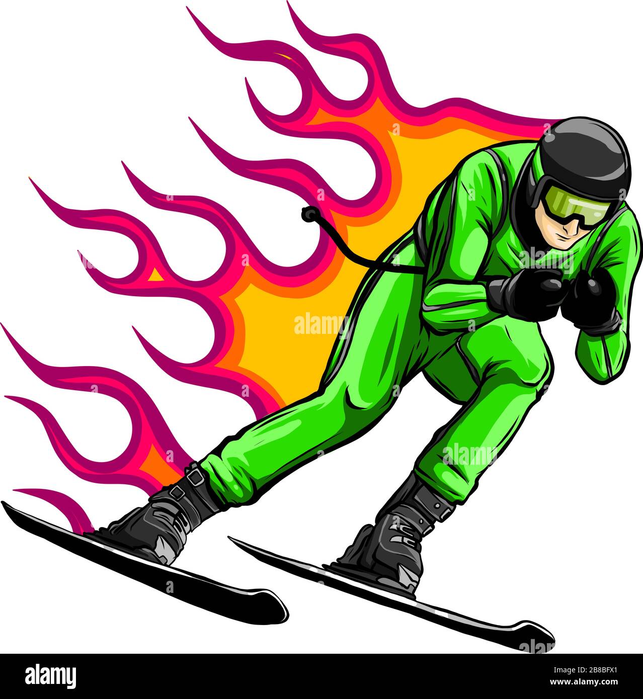 Lächelnd cartoon Skifahrer. Mountain Ski Sportler Charakter mit Schutzbrille und skianzug. Junger Mann auf Skiern Vector Illustration. Stock Vektor