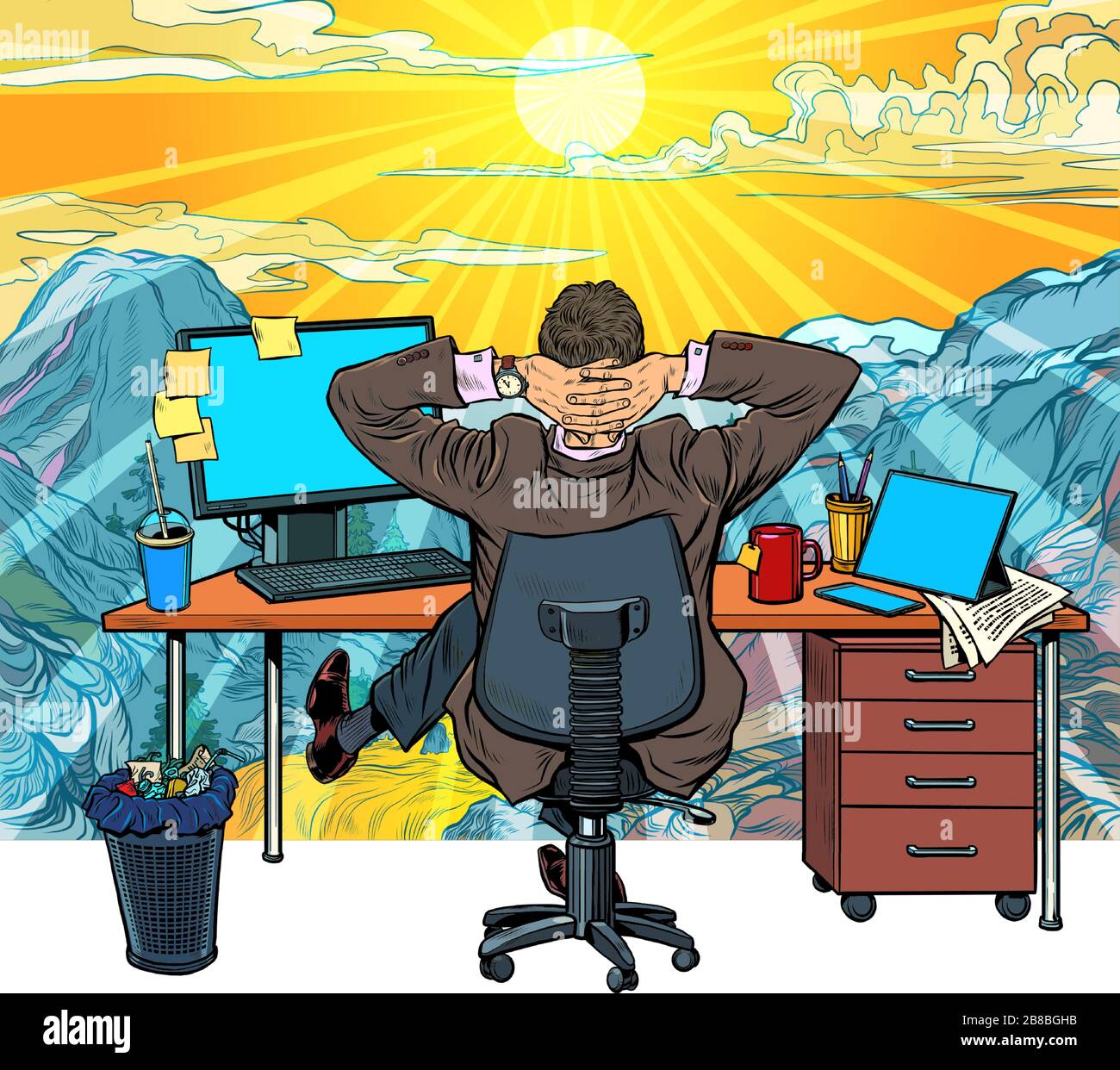 Quarantäne Telearbeit zu Hause. Traum von Urlaub und Reisen Stock Vektor