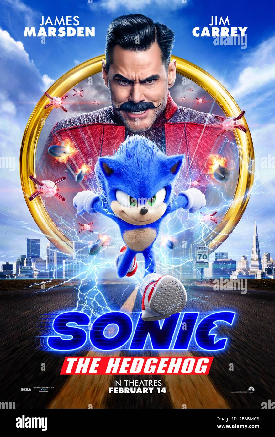 Sonic the Hedgehog (2019) unter der Regie von Jeff Fowler und mit Jim Carrey, James Marsden und Neal McDonough in den Hauptrollen. Großbildschirm-Outing für Segas geliebte Videospielfiguren; kann Sonic den Fängen von Dr. Robotnik entkommen? Stockfoto