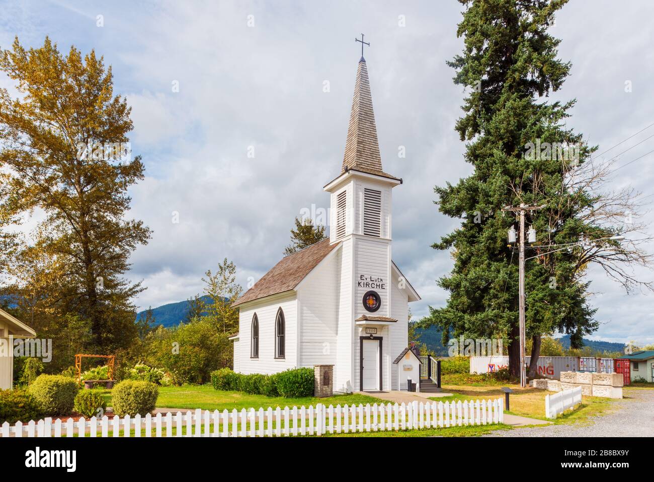 Die Elbe-Evangelisch-Lutherische Kirche, die 1906 von den deutschen Zuwanderern erbaut wurde, die die Gemeinde einbauten. Stockfoto