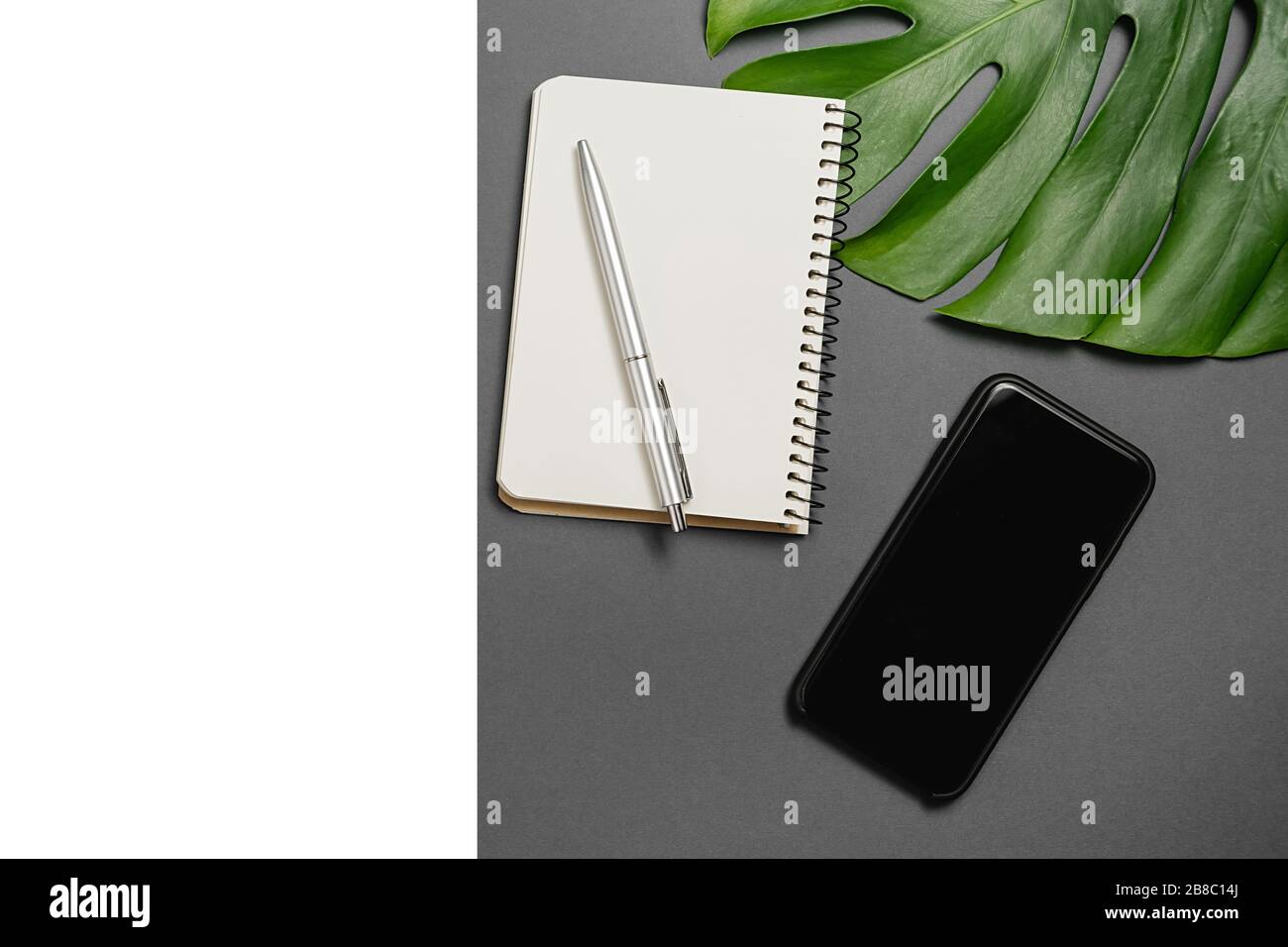 Arbeitsbereich mit Stift, tropischen Monstera-Blättern, Notebook, Smartphone mit Kopierbereich auf grauem und weißem Hintergrund minimaler Stil. Kreativer Flachlay von Stockfoto