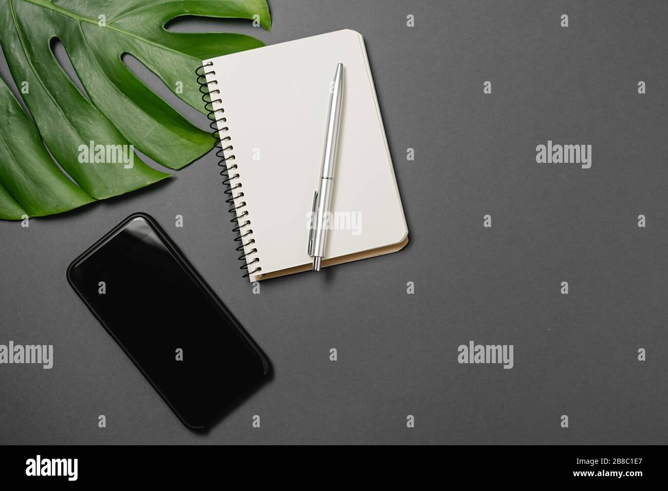 Kreatives flaches Design mit Blick auf den Schreibtisch. Arbeitsbereich mit Stift, Monstera-Blättern, Notizbuch, modernes Smartphone mit Kopierbereich auf grauem Hintergrund Min Stockfoto
