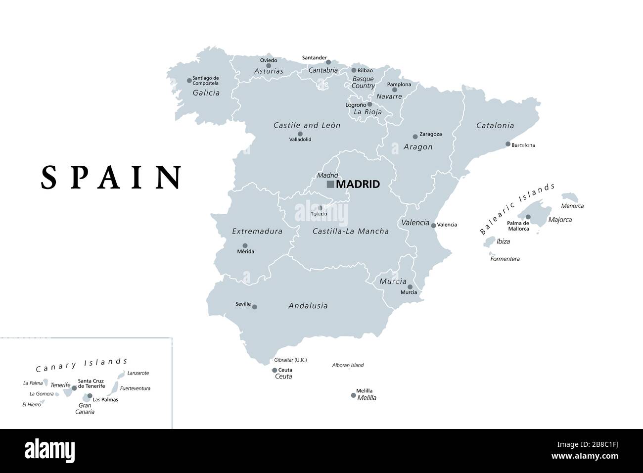 Spanien, graue politische Karte mit administrativen Unterteilungen. Königreich Spanien mit der Hauptstadt Madrid, den autonomen Gemeinden, Grenzen und Hauptstädten. Stockfoto