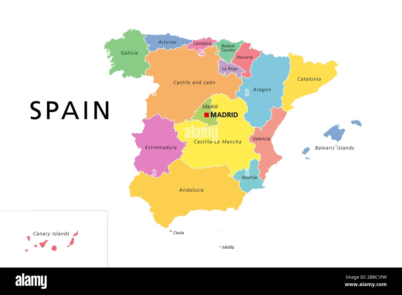 Spanien politische Karte mit farbigen administrativen Unterteilungen. Königreich Spanien mit der Hauptstadt Madrid und den Autonomen Gemeinschaften. Englische Kennzeichnung. Stockfoto