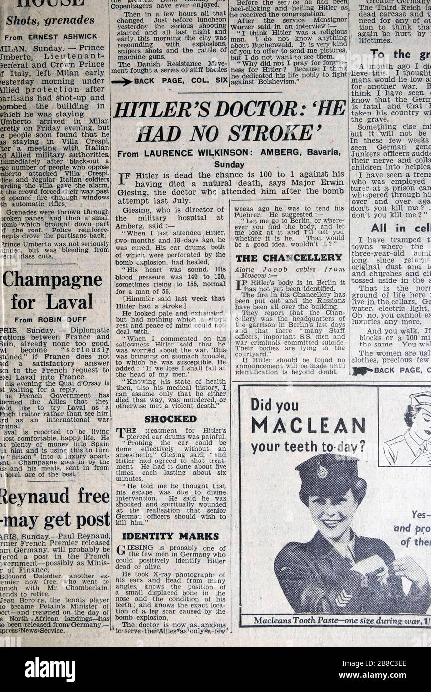 WWII-Artikel auf der Innenseite der britischen Zeitung "Hitlerarzt: Er hatte keinen Schlaganfall" Stockfoto