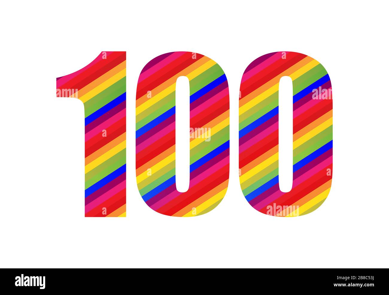 100-Stellige Ziffer Für Rainbow Style. Farbenfrohes, einhundert-zahliger Vektorgrafik-Design, isoliert auf weißem Hintergrund. Stockfoto