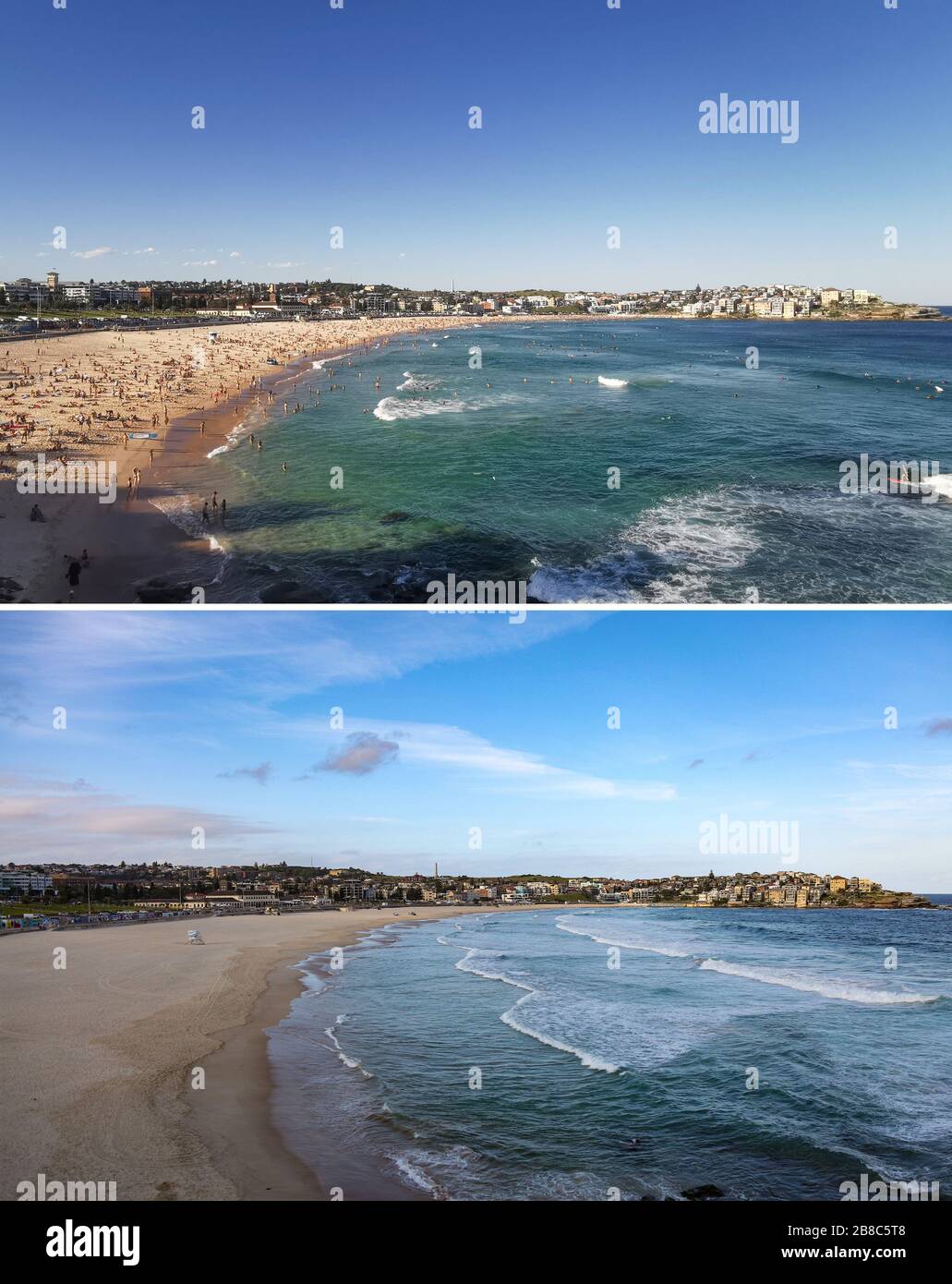 (200321) -- SYDNEY, 21. März 2020 (Xinhua) -- das Combo-Foto zeigt Menschen, die sich am 20. März 2020 am Bondi Beach (oben) und am leeren Bondi Beach genießen, nachdem es am 21. März 2020 in Sydney, Australien geschlossen wurde. Australiens berühmter Bondi Beach wurde geschlossen, nachdem am Freitag Hunderte von Strandgängern auf dem Sand gedrängt hatten, die fortlaufenden Richtlinien zur sozialen Distanzierung ignorierten. Der Polizeiminister des Bundesstaates New South Wales David Elliott ordnete an, den Strand in Sydney am Samstagnachmittag zu schließen. Es gab 874 bestätigte Fälle von COVID-19 in Australien ab 6:30 Uhr Ortszeit Saturda Stockfoto