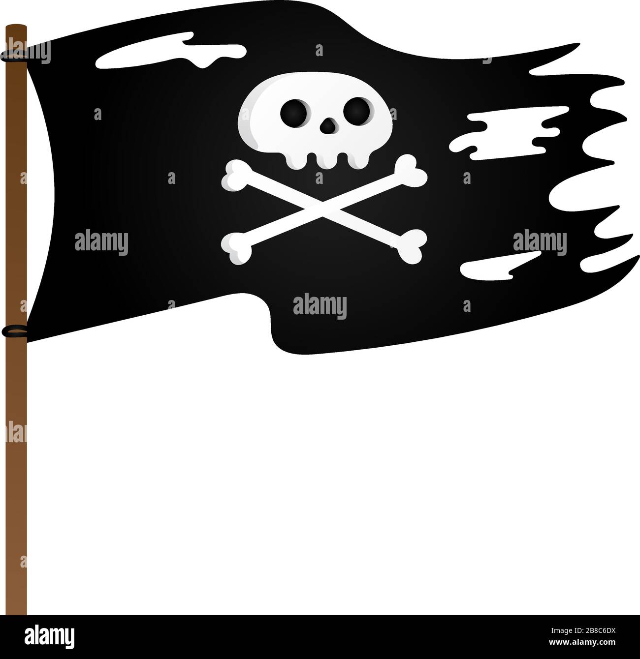 Piratenfahne mit Jolly Rogeras Schädel und Kreuzungsknochen flache Vektorgrafiken isoliert auf weißem Hintergrund. Stock Vektor