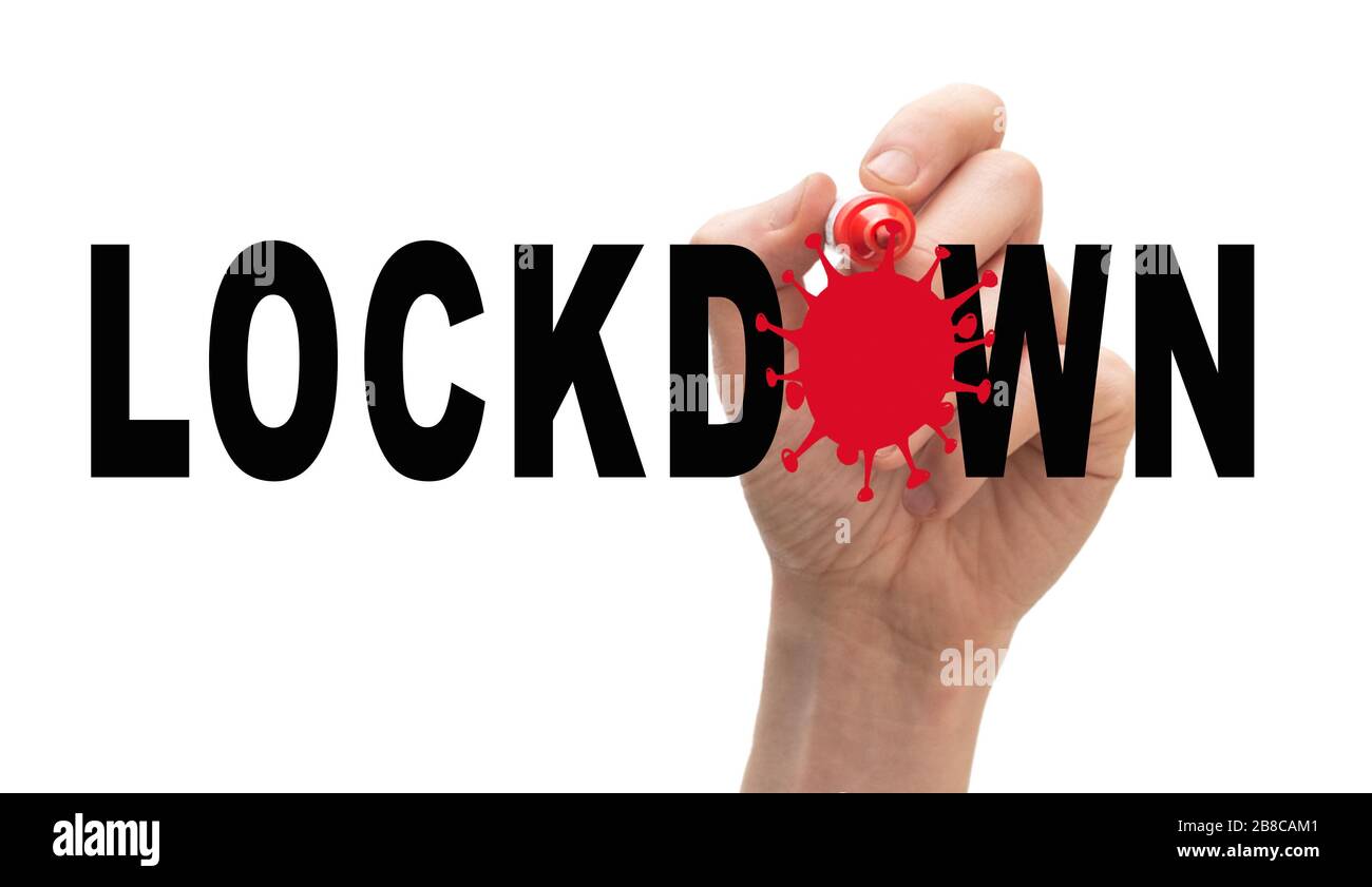 Lockdown-Konzept. Männliche Hand, die ein Virus im Wort Lockdown zeichnet. Stockfoto