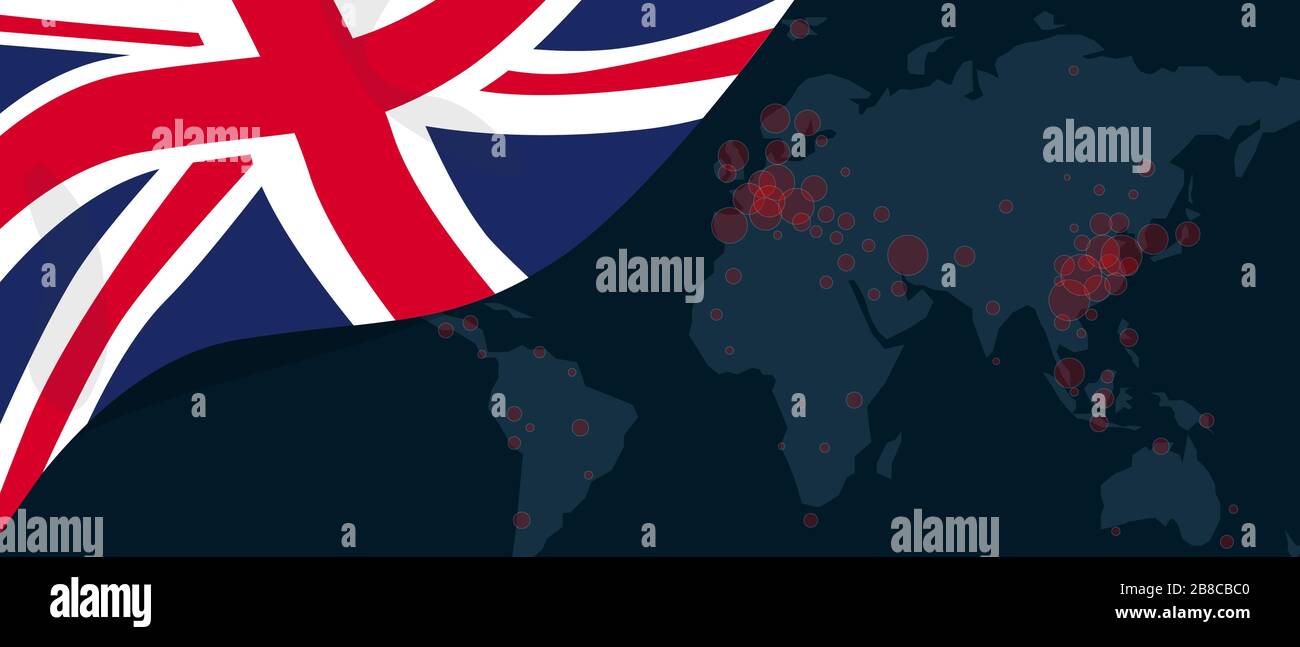 Corona Virus Covid-19 Pandemie-Ausbruch Weltkarte verbreitet mit Flagge von England Großbritannien Großbritannien Illustration Stock Vektor