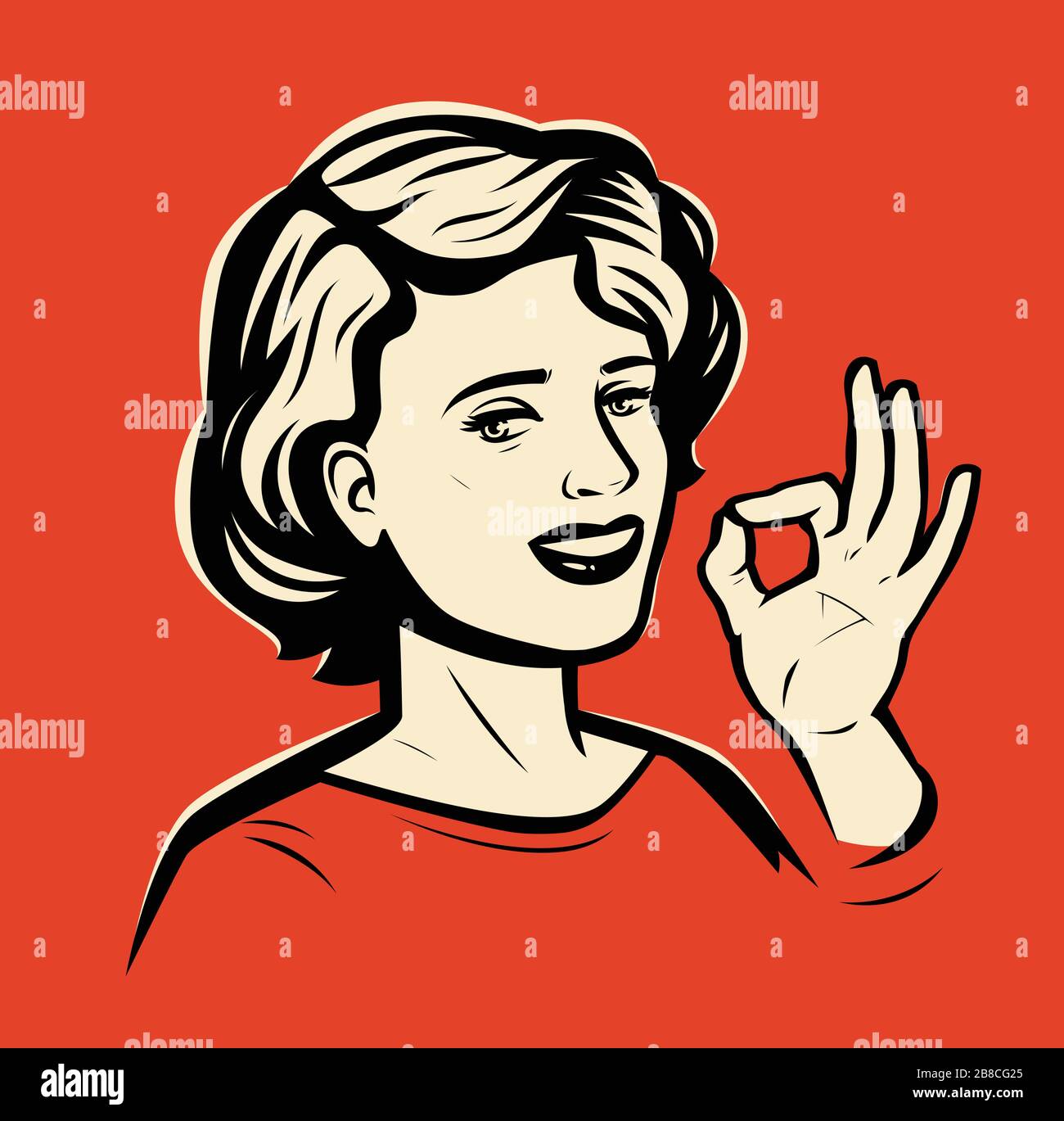 Schönes Mädchen zeigt Handgeste OK. Vektorgrafiken aus retro-Comic-Pop-Art Stock Vektor