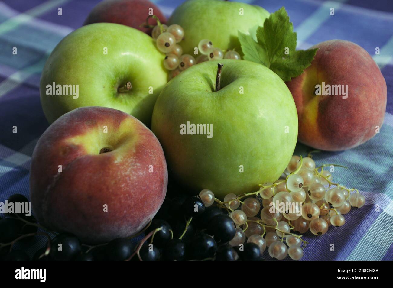 Stillleben mit Äpfeln, Pfirsichen und Johannisbeeren Stockfoto