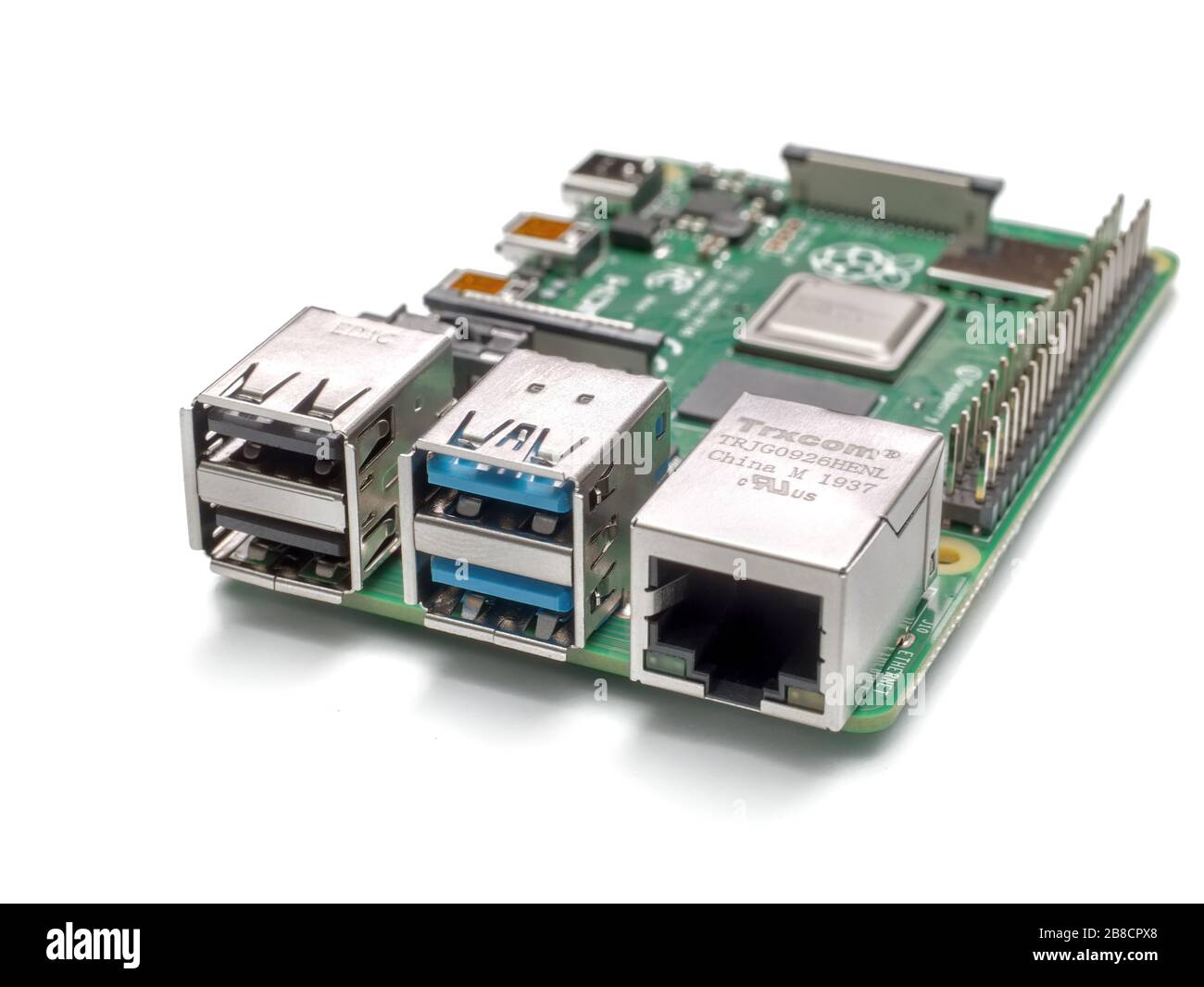 Galati, RUMÄNIEN - 20. März 2020: Nahaufnahme eines Raspberry Pi 4 Model-B. Der Raspberry Pi ist ein Single-Board-Computer im Kreditkartenformat, der im entwickelt wurde Stockfoto