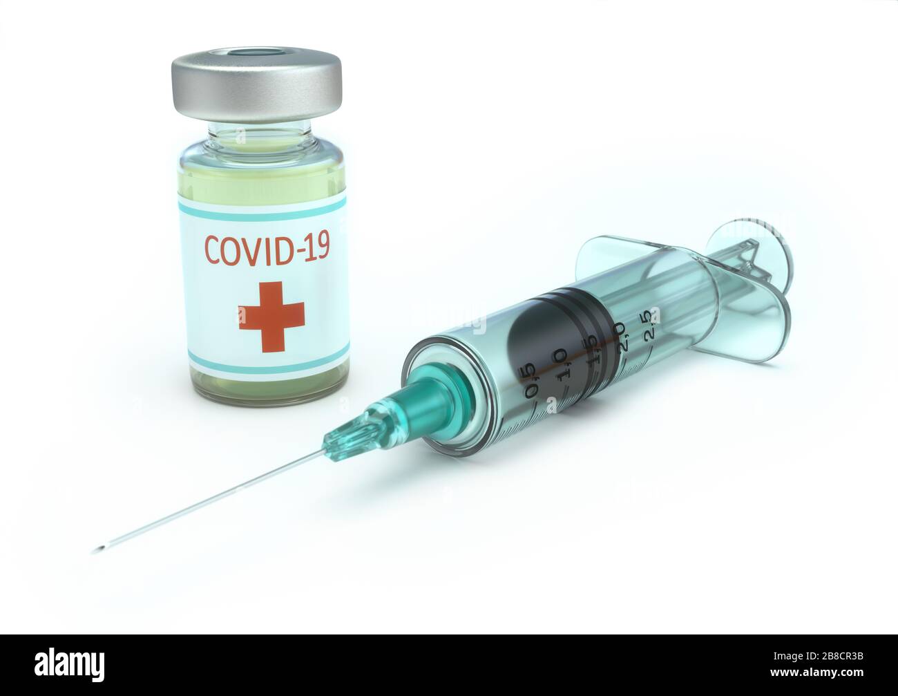 Konzeptionelles Bild für die Entdeckung eines Impfstoffs für die Covid-19, Coronavirus, 2019-nCoV, SARS-COV-2. 3D-Abbildung. Stockfoto