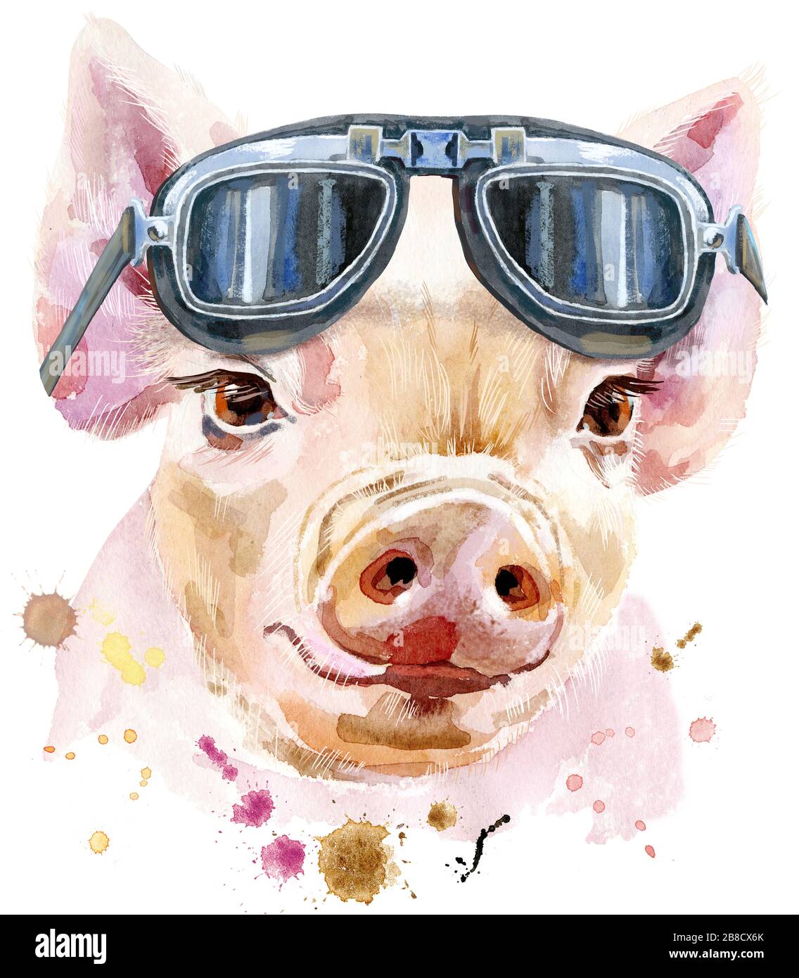 Aquarellporträt von Mini-Schwein in Biker-Brille Stockfoto