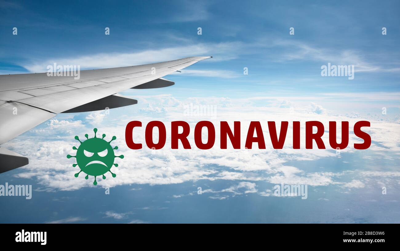 Flugzeugflügel mit Coronavirus-Zeichen und böser Virus-Darstellung der globalen Krankheit. Covid-19, Flight, Spread Concept Stockfoto