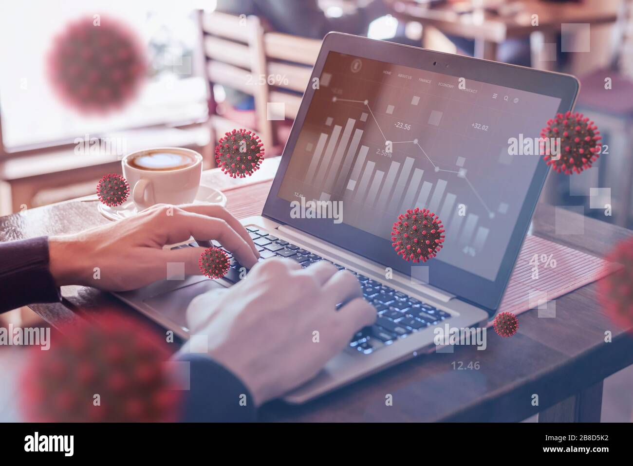 Coronaviren haben negative Auswirkungen auf die Wirtschaft der Länder und die Weltwirtschaft. Ciruses kommt auf das Laptop-Konzept eines Geschäftsmannes, das analy Stockfoto