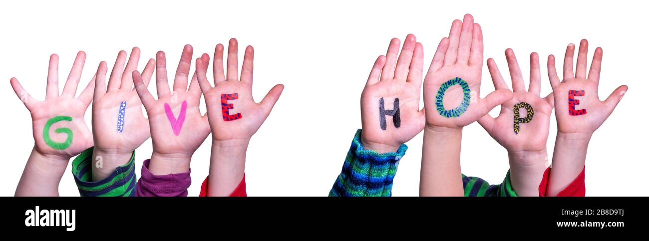Kinder Hände Wort Bauen Geben Hoffnung, Isolierter Hintergrund Stockfoto