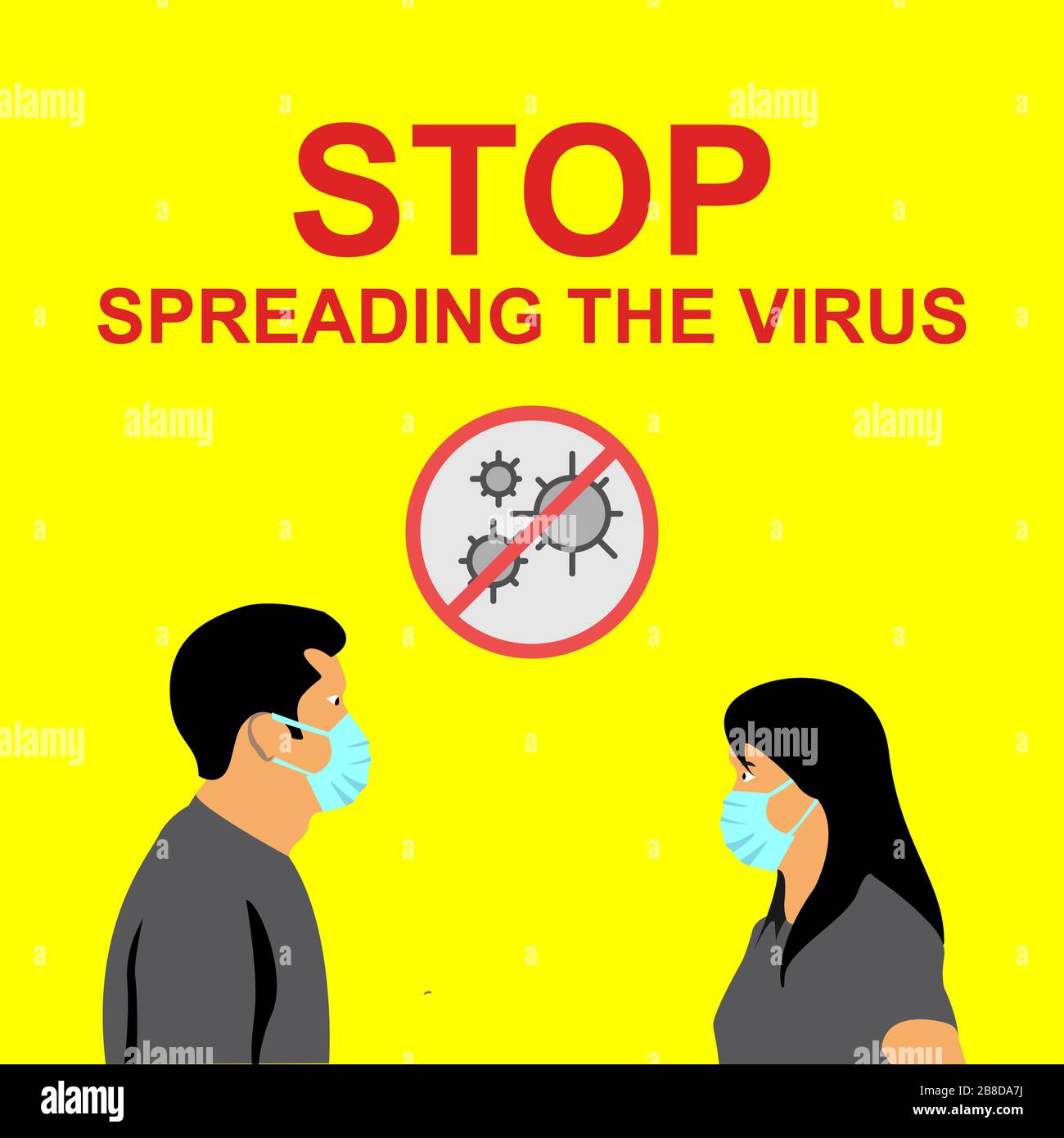 Abbildung: Männer und Frauen mit gesunder Maske. Vorbeugung gegen Corona-Viren. Beenden Sie die Verbreitung des Virus. Vorlage für soziale Medien.flaches Zeichendesign. Stock Vektor