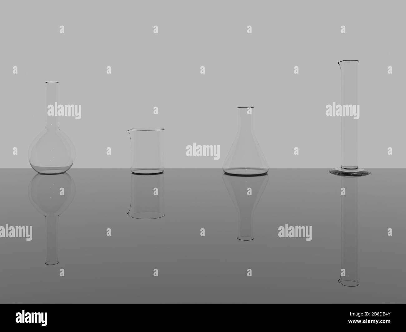 Laborglas. Realistischer Laborbecher, Kolben, volumetrischer Kolben und Zylinder. 3D-Design. Minimalistisch. Stockfoto