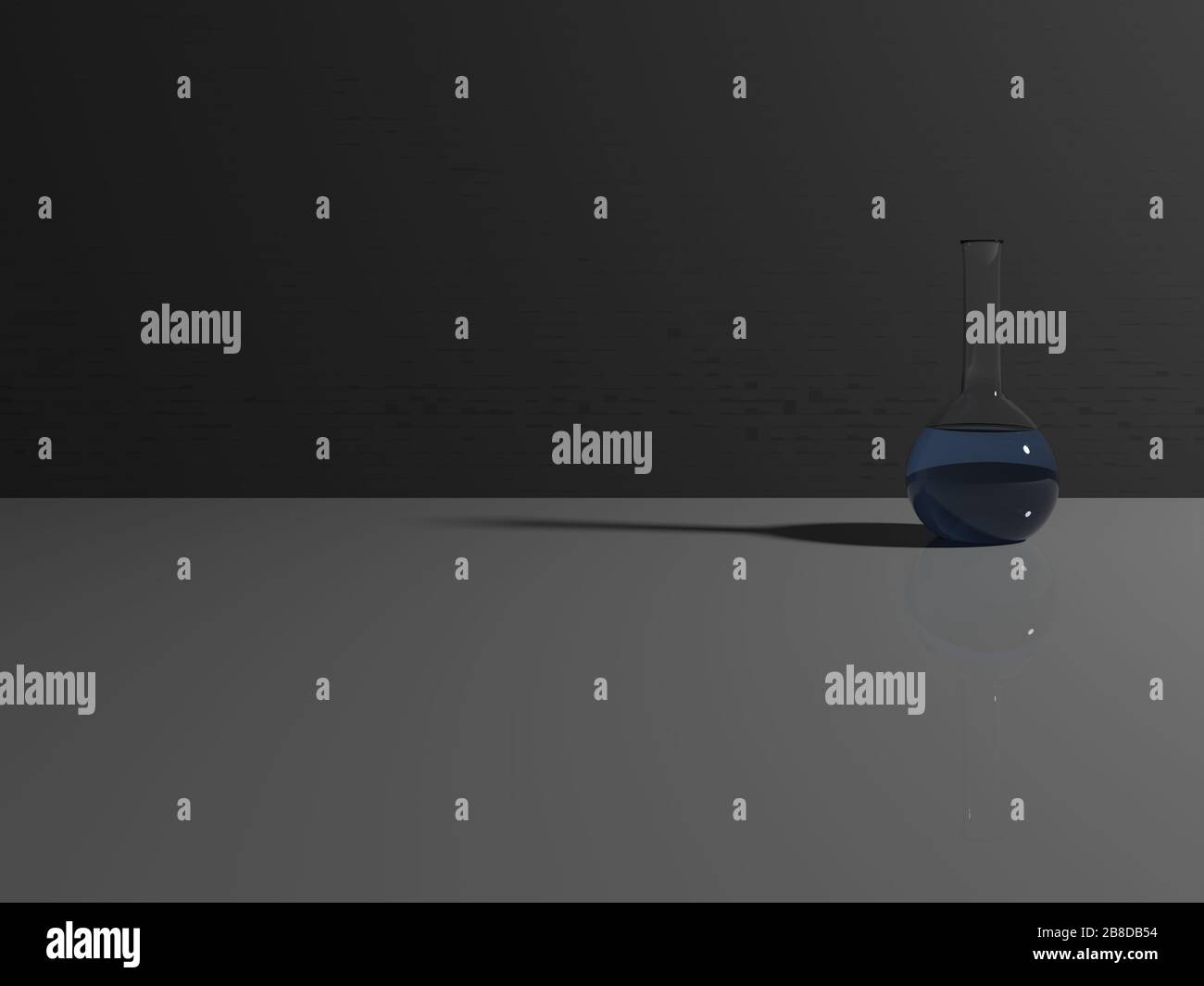 Realistischer volumetrischer Laborkolben mit blauer Flüssigkeit. Laborglas. 3D-Design. Minimalistisch. Stockfoto