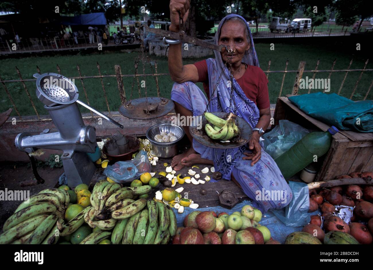 Old Lady Fruit Vendor in einer Straße von Sarnath Uttar Pradesh Indien Stockfoto