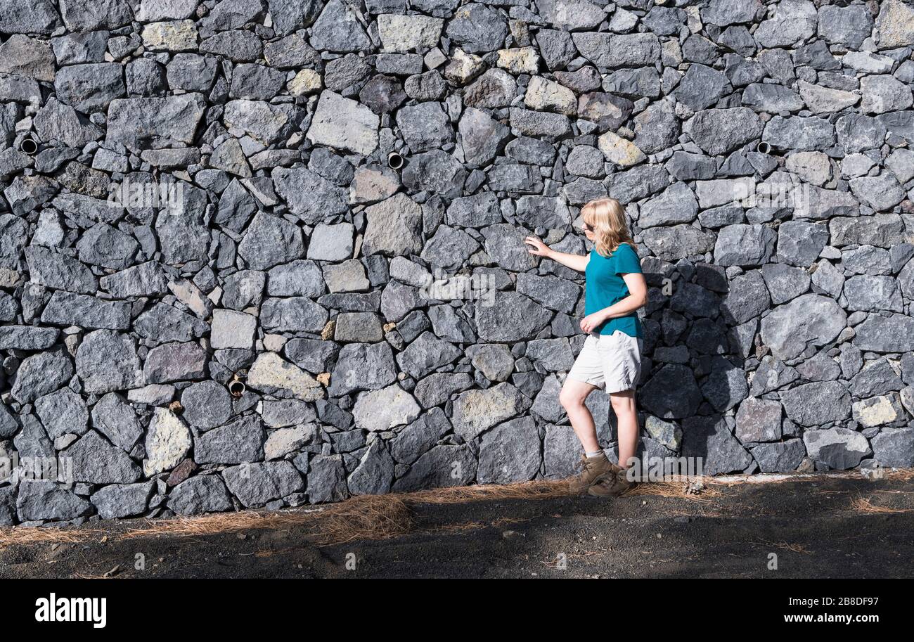 Eine Frau untersucht eine basaltische Stützmauer, die errichtet wurde, um Erdrutsche von nicht konsolidiertem vulkanischem Material an den Hängen des Vulkans Cumbre Vieja zu verhindern Stockfoto