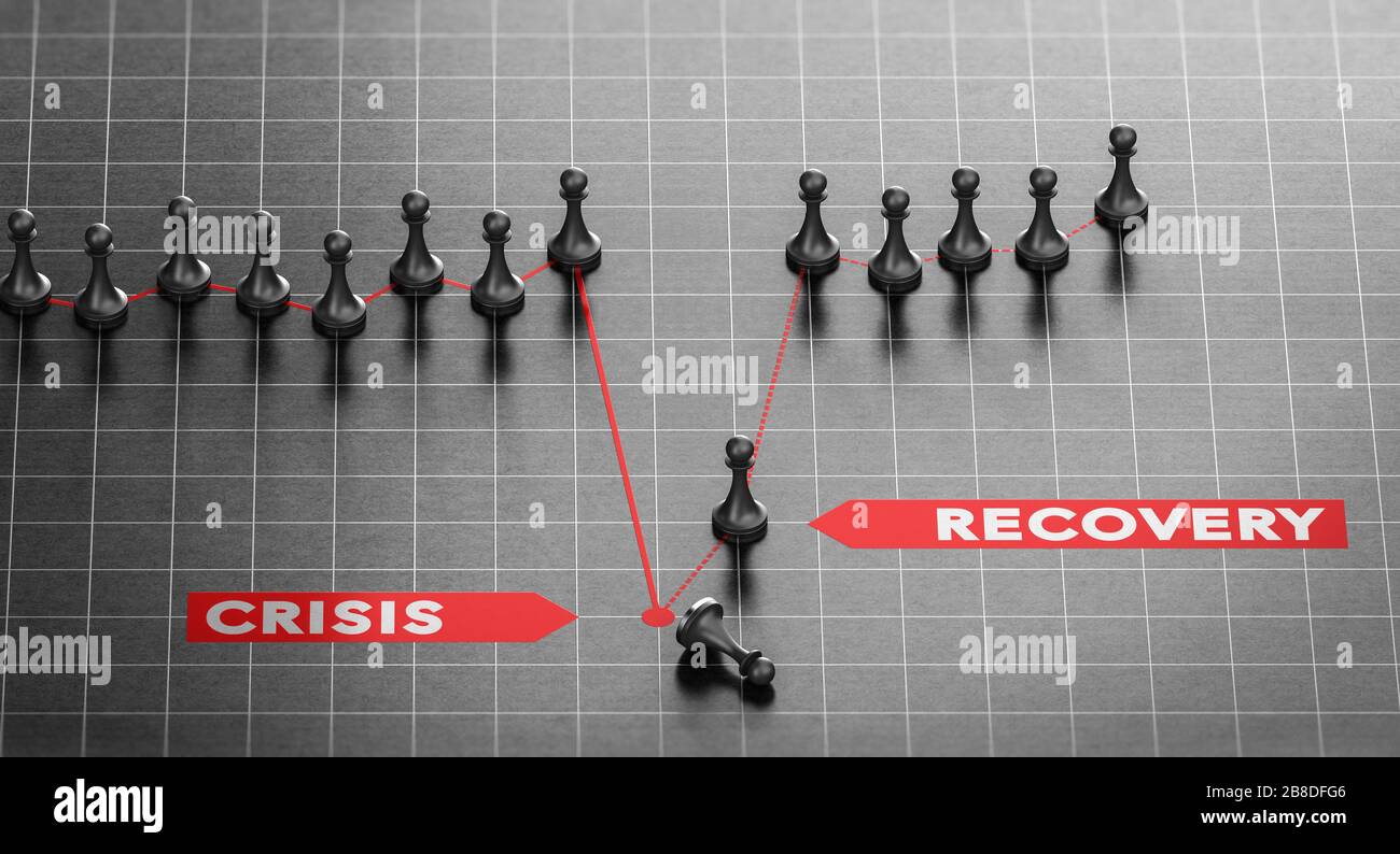 3D-Darstellung von Krisen- und Disaster-Recovery-Diagrammen über schwarzem Hintergrund. Konzept des Business-Continuity-Plans. Stockfoto