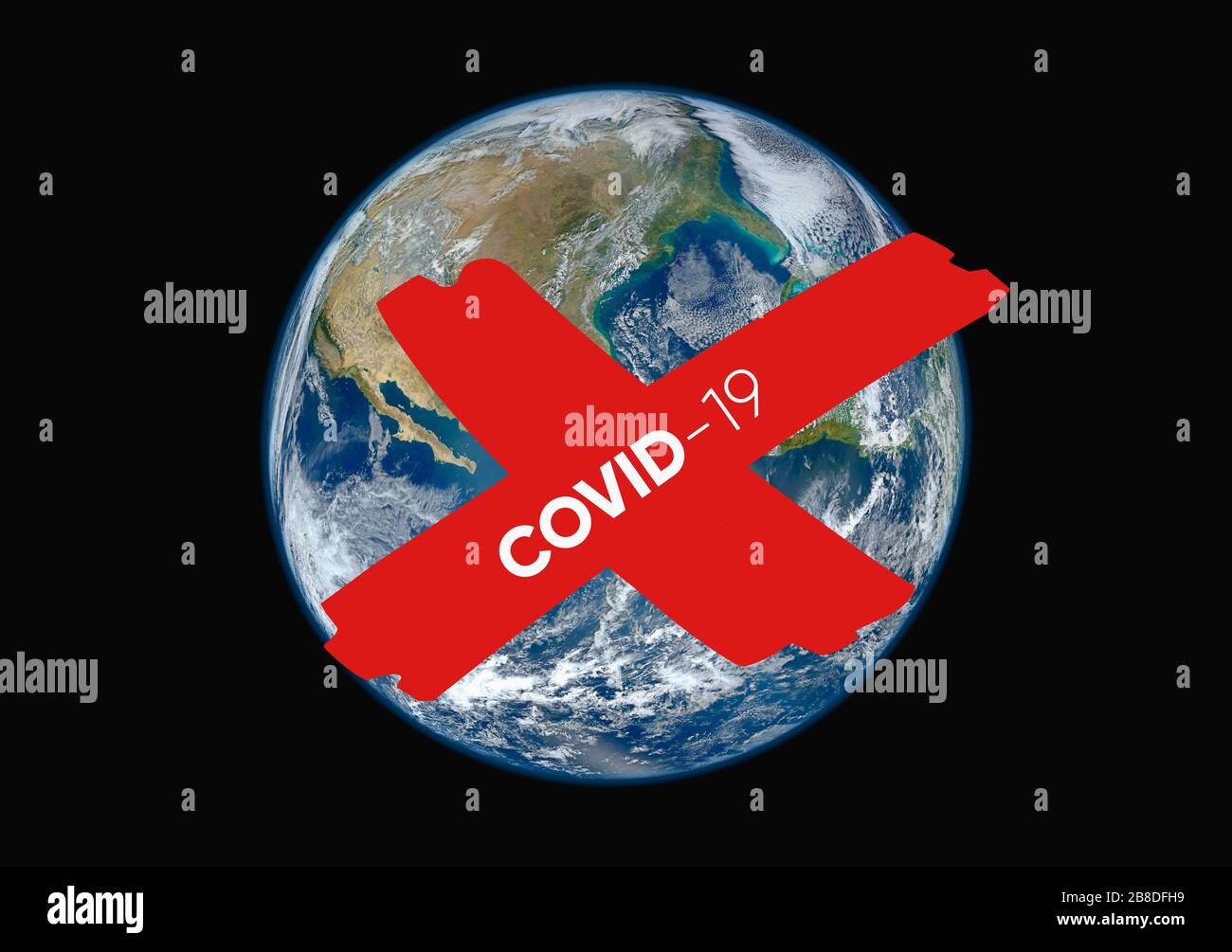 Coronavirus Covid 19 Globale Ausbruch- und Pandemie-Illustration mit dem Planeten Erde, wie sie von Kosmos und rot annullierten Zeichen gesehen wird Stockfoto