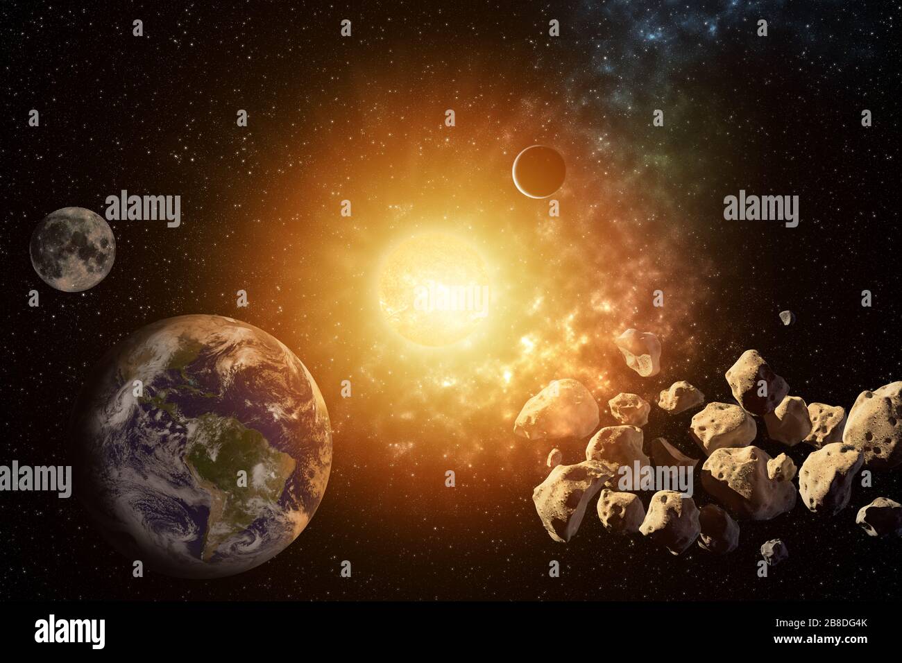 Planeten umrunden die Sonne im Sonnensystem mit Asteroiden in den farbenfrohen Sternenuniversum-Elementen dieses Bildes, das von der NASA eingerichtet wurde Stockfoto