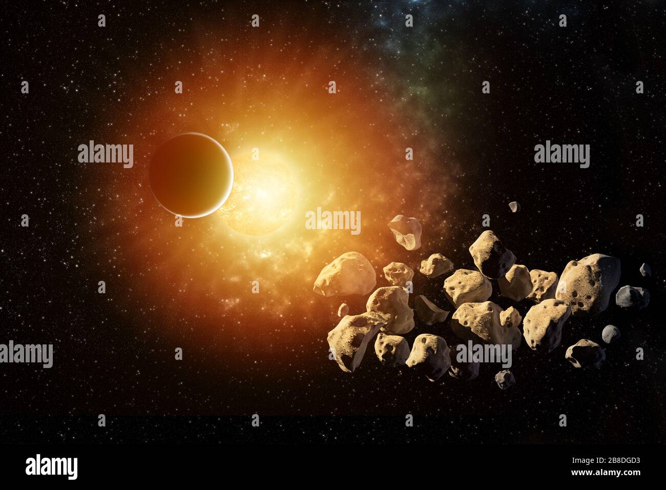 Planeten umrunden die Sonne im Sonnensystem mit Asteroiden in den farbenfrohen Sternenuniversum-Elementen dieses Bildes, das von der NASA eingerichtet wurde Stockfoto