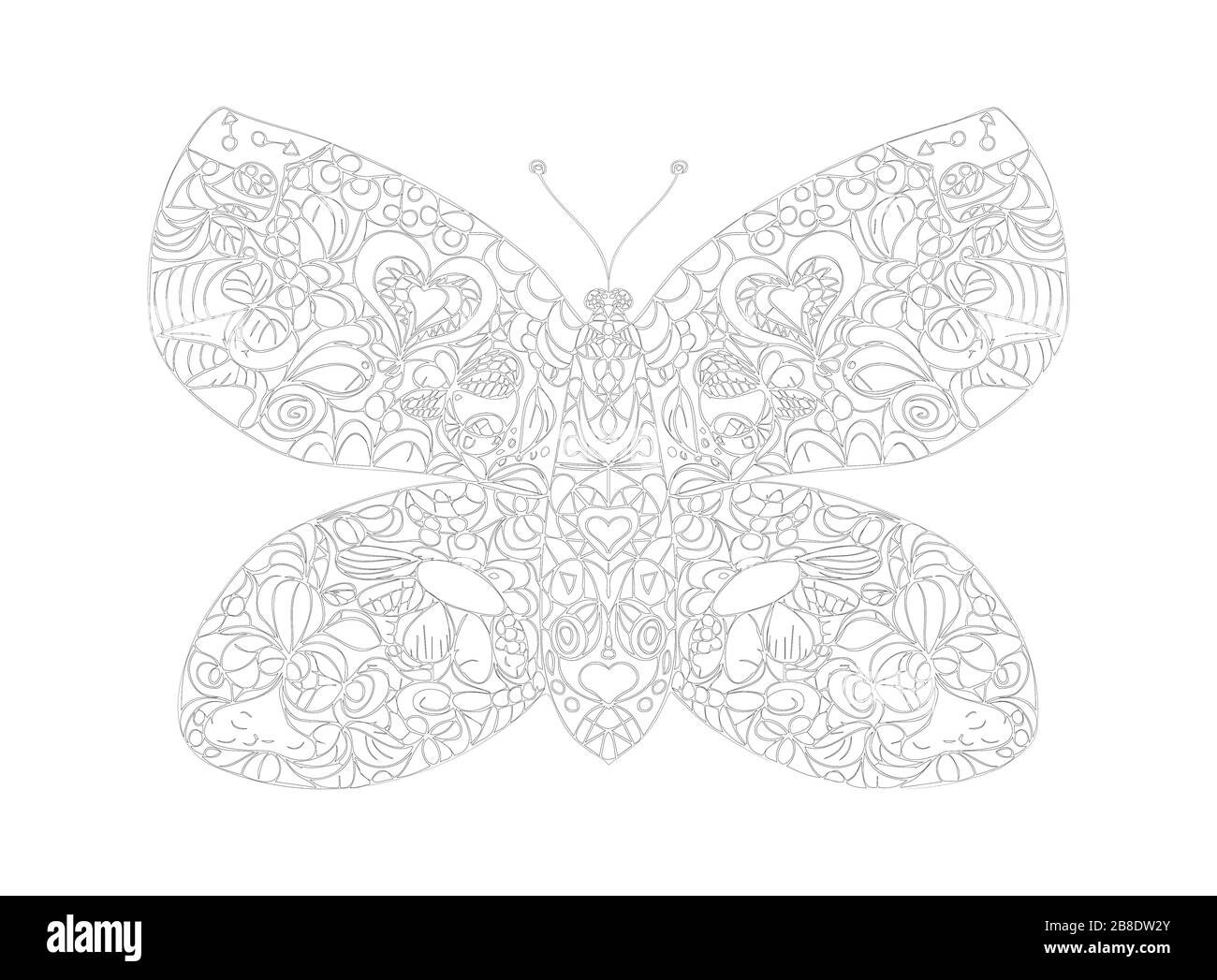 Schmetterling mit handgezeichneter ornamentfarbiger Seite. Malbuch für Erwachsene Stock Vektor