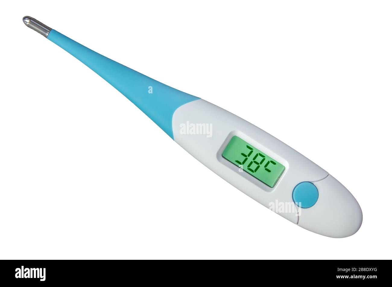 Isoliertes digitales Smart-Thermometer, das während der Coronavirus Pandemie ein 38-Grad-Fieber ausliest Stockfoto