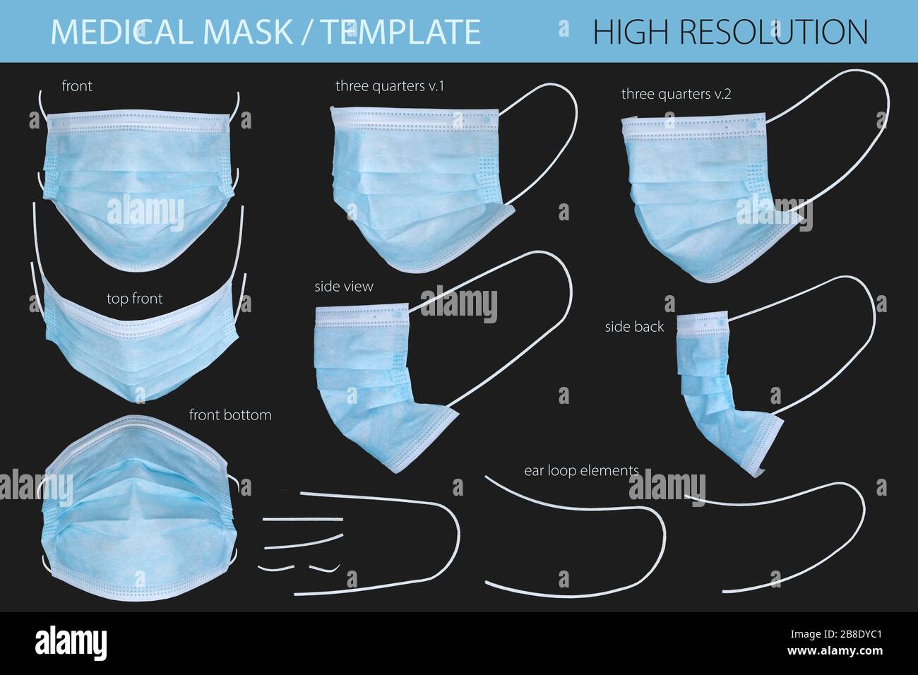 Medizinische Maske isoliert auf schwarzem Hintergrund, verspottet Stockfoto