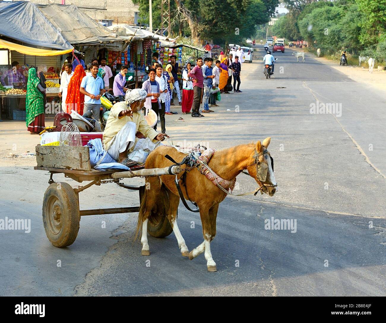 Ranthambhore, Indien - 10. November 2019:Pferd und Wagen ziehen aus der Seitenstraße Stockfoto