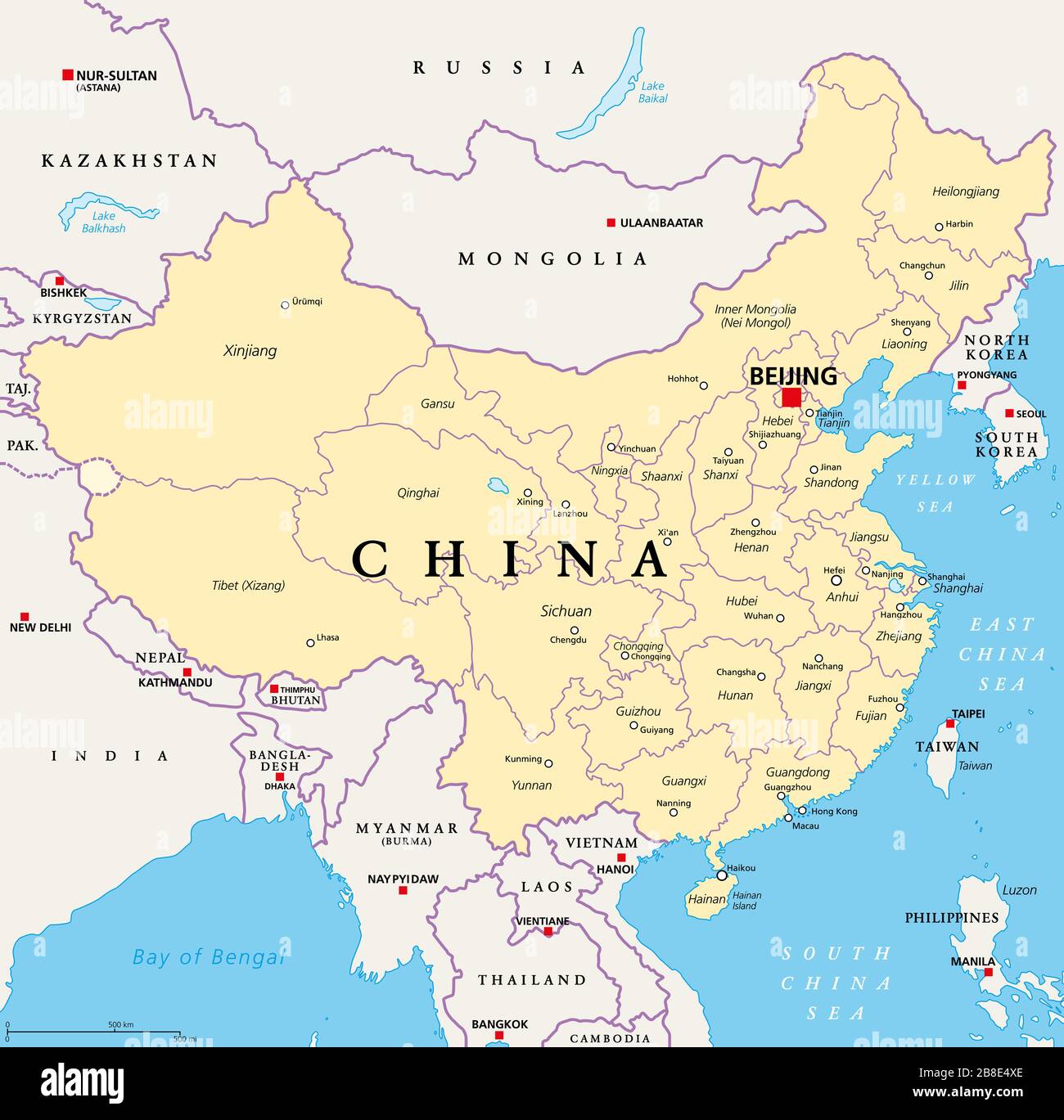 China, politische Karte, mit administrativen Unterteilungen. VR China, Volksrepublik China, Hauptstadt Peking, Provinzen mit Hauptstädten, Grenzen. Stockfoto