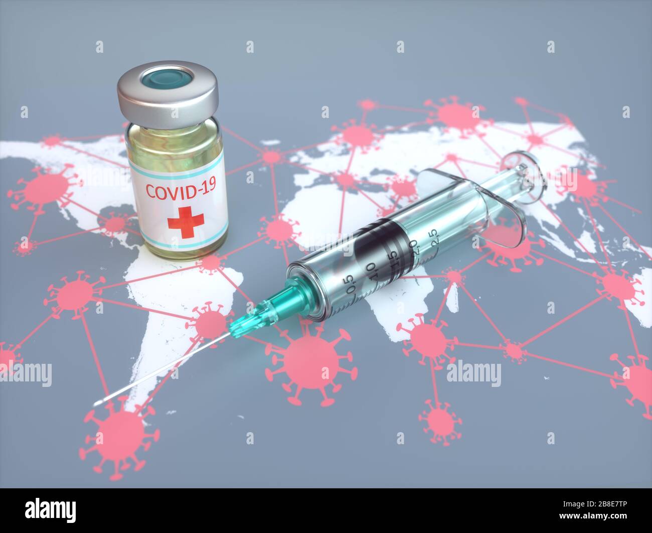 Konzeptionelles Bild für die Entdeckung eines Impfstoffs für die Covid-19, Coronavirus, 2019-nCoV, SARS-COV-2. 3D-Abbildung. Stockfoto