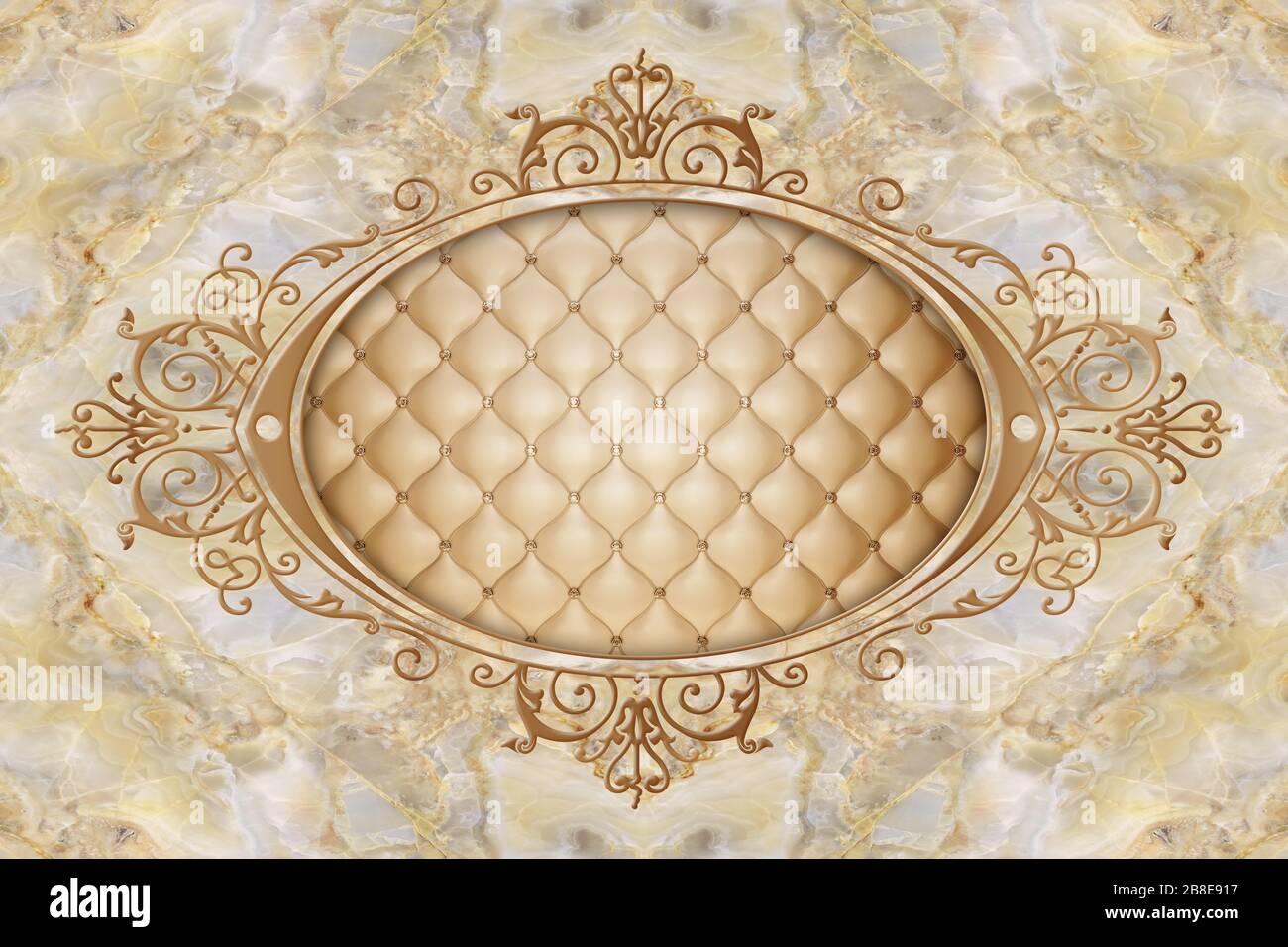 Titel 3D-Decke, stuckierter Dekorrahmen, gestepptes Leder in der Mitte auf Marmorhintergrund. 3D-Hintergrundbild. Stockfoto